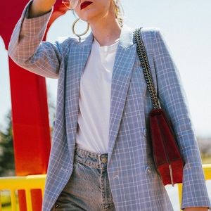 H&M Baby Blue Checked Double Breasted Blazer